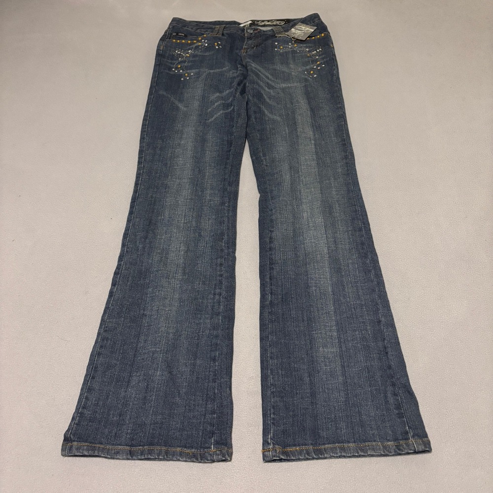 Lady Enyce Womens Low Rise Flare Jeans 29x29 Dark Wash Rhinestone Studded